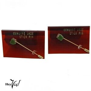 Vintage 2 Genuine Jade Stick Pins Taiwan ROC Label Heart & Flower Shape -Hey Viv